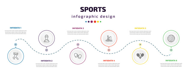 sports infographic element with icons and 6 step or option. sports icons such as dancing motion, golf champion, boxing glove, fisher fishing, tennis game, gym ball vector. can be used for banner,