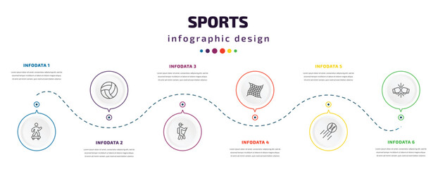 sports infographic element with icons and 6 step or option. sports icons such as skating, volleyball ball, trekking, fishing net, home run, two boxing gloves vector. can be used for banner, info