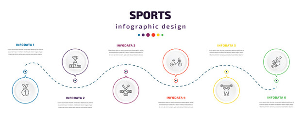 sports infographic element with icons and 6 step or option. sports icons such as medal with number 1, podium with cup, ice hockey, bicycle for children, weightlifter, winning the race vector. can be