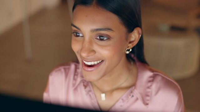 Success, computer and business woman with wow face in office while reading positive news. Digital corporate girl happy with achievement, victory and win notification online in workplace.