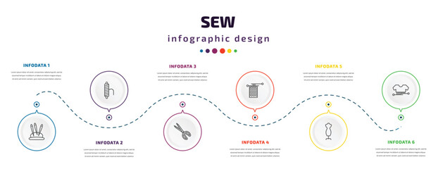 Fototapeta na wymiar sew infographic element with icons and 6 step or option. sew icons such as pin holder, threads, pinking shears, knit, dummy, hand craft vector. can be used for banner, info graph, web,