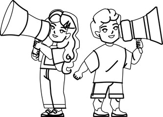 kid announce line pencil drawing vector. child megaphone, girl boy announcement, speaker little kid announce character. people Illustration