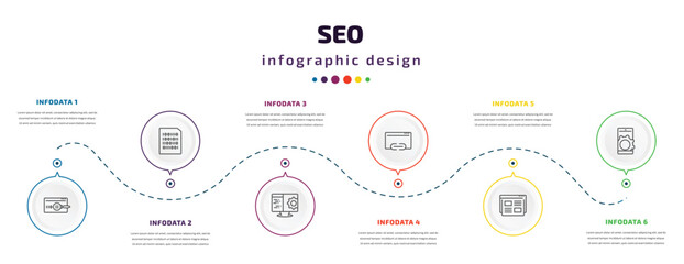 seo infographic element with icons and 6 step or option. seo icons such as code review, binary file, computing, hyperlink, landing page, mobile app vector. can be used for banner, info graph, web,