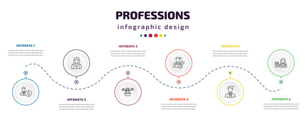 professions infographic element with icons and 6 step or option. professions icons such as accountant, nun, secretary, plumber, businessman, mathematician vector. can be used for banner, info graph,