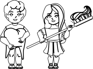 kid tooth line pencil drawing vector. child teeth, dental smile, little health care kid tooth character. people Illustration