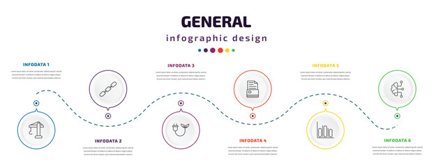 Fototapeta na wymiar general infographic element with icons and 6 step or option. general icons such as construction crane, chain, biomass energy, credit history, info chart, business intelligence vector. can be used