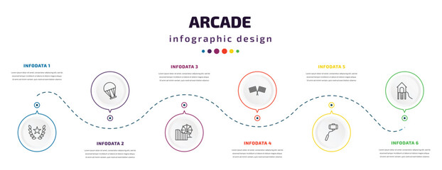 Fototapeta na wymiar arcade infographic element with icons and 6 step or option. arcade icons such as glory, paraplane, amusement park, racing, selfie stick, playground vector. can be used for banner, info graph, web,