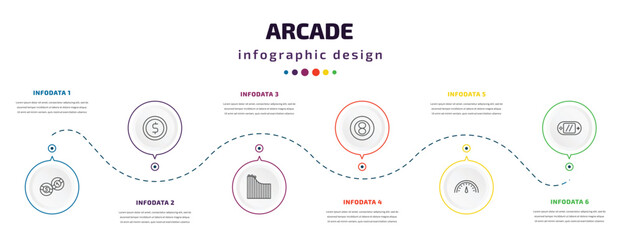 arcade infographic element with icons and 6 step or option. arcade icons such as billiards, token, roller coaster, eight ball, speedometer, video console vector. can be used for banner, info graph,