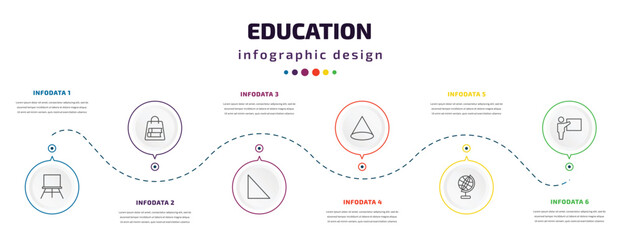 Fototapeta premium education infographic element with icons and 6 step or option. education icons such as canvas, bag of books, right triangle, cone geometrical, school globe, teach vector. can be used for banner,