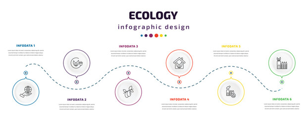 ecology infographic element with icons and 6 step or option. ecology icons such as globe on hand, eco energy, olives on a branch, eco house, recycling factory, eco factory vector. can be used for
