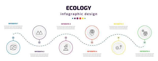 ecology infographic element with icons and 6 step or option. ecology icons such as recycling, snowy mountains, power plant, awareness, solar plug, solar energy vector. can be used for banner, info