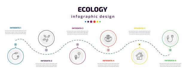 ecology infographic element with icons and 6 step or option. ecology icons such as bio energy, seeds, eco light, sustainability, green house, eco plug vector. can be used for banner, info graph,