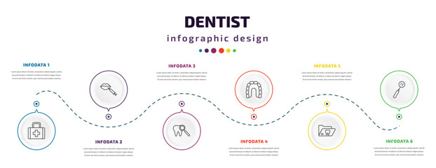 dentist infographic element with icons and 6 step or option. dentist icons such as aid, filler, check up, maxilla, dental folder, mouth mirror vector. can be used for banner, info graph, web,