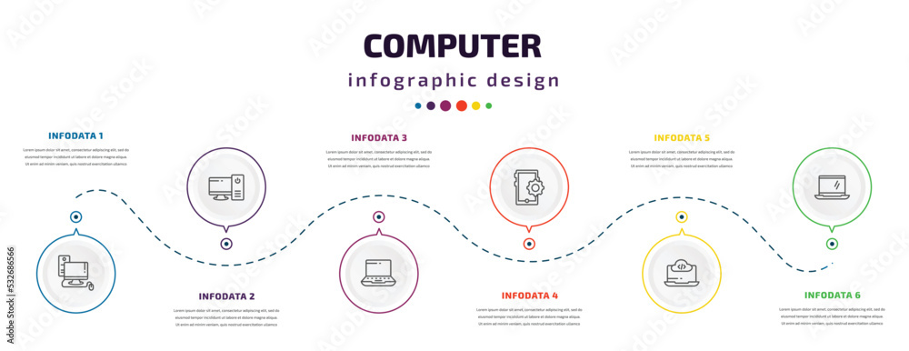 Poster computer infographic element with icons and 6 step or option. computer icons such as computer, work 
