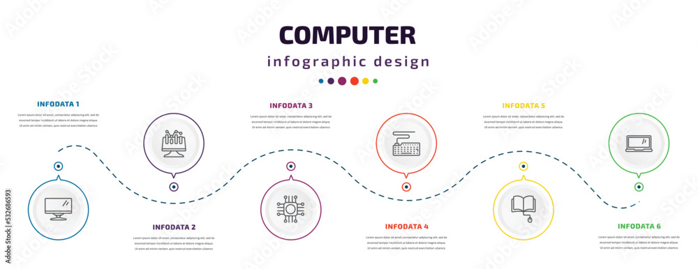 Poster computer infographic element with icons and 6 step or option. computer icons such as computer monito