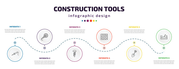 construction tools infographic element with icons and 6 step or option. construction tools icons such as iron soldering, polishers, garage screw, brick wall, spade tool, jack plane vector. can be
