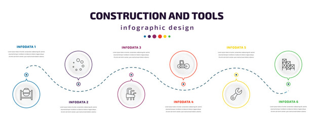 construction and tools infographic element with icons and 6 step or option. construction and tools icons such as cement mixers, loader, allen keys, road roller, garage wrench, scaffolding vector.