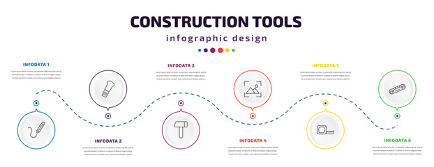Fototapeta na wymiar construction tools infographic element with icons and 6 step or option. construction tools icons such as drawing, wedge tool, brick hammer, wallpaper, open scale, plumb rule tool vector. can be used