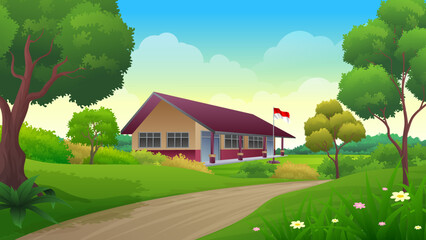 Indonesian elementary school building with dirt road  rural landscape, Education Concept cartoon Illustration