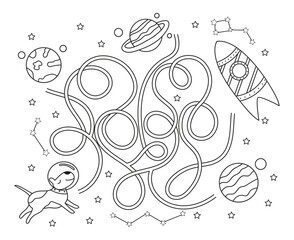 Maze game for preschool children. Puzzle with tangled road. Outline coloring page for kids book. Cute dog in space, rocket, planets. Vector illustration