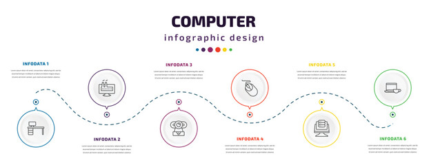 computer infographic element with icons and 6 step or option. computer icons such as boss office, industrial, webcamera, computer mouse device, data page, morning work vector. can be used for