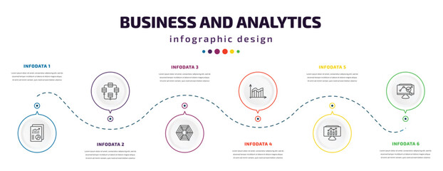 business and analytics infographic element with icons and 6 step or option. business and analytics icons such as print document, database interconnected, radar chart, data wave, bars graphic on