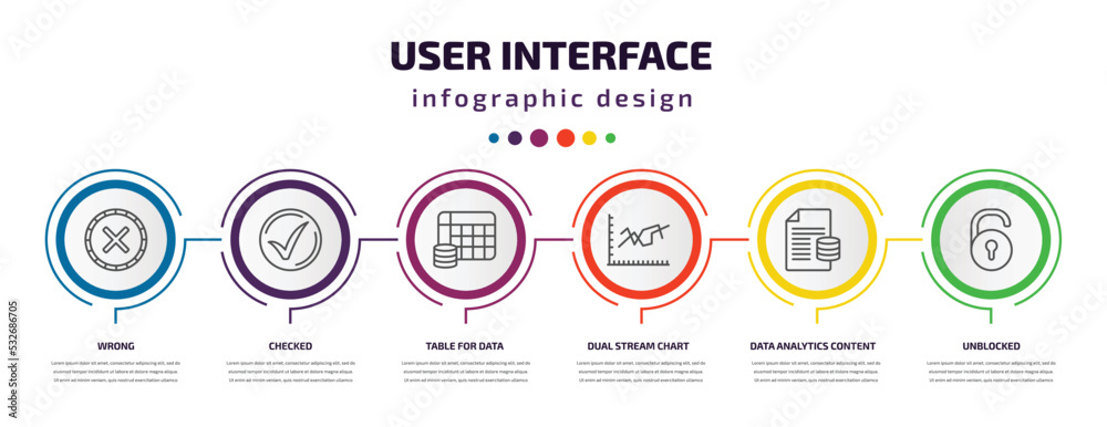 Poster user interface infographic template with icons and 6 step or option. user interface icons such as wr