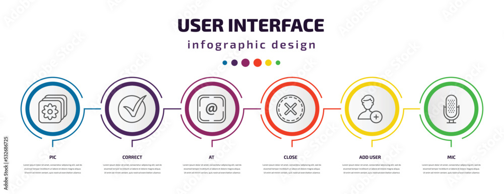 Poster user interface infographic template with icons and 6 step or option. user interface icons such as pi