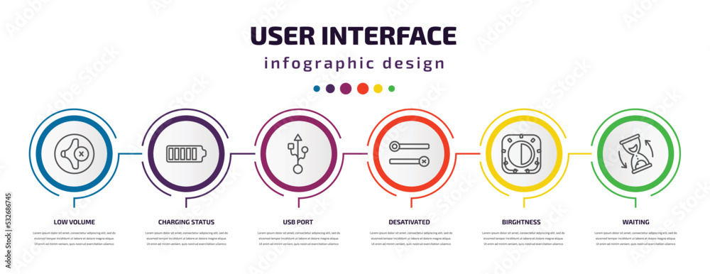 Poster user interface infographic template with icons and 6 step or option. user interface icons such as lo