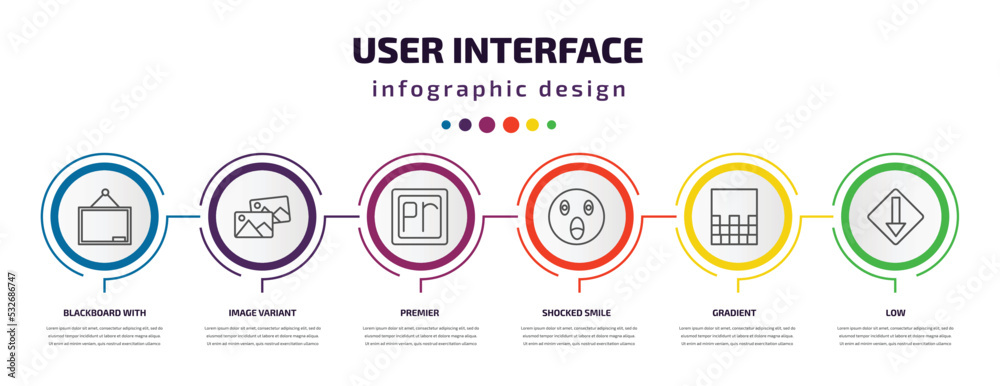Poster user interface infographic template with icons and 6 step or option. user interface icons such as bl