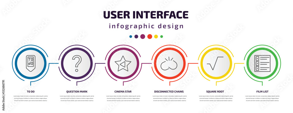 Aufkleber user interface infographic template with icons and 6 step or option. user interface icons such as to