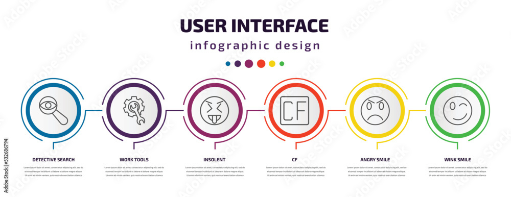 Poster user interface infographic template with icons and 6 step or option. user interface icons such as de