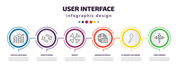 user interface infographic template with icons and 6 step or option. user interface icons such as vertical data bars, update arrow, reduce, window interface, up broken line arrow, three arrows