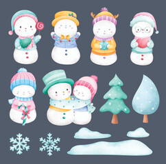 Watercolor Illustration set of Cute Snowman with snow and tree in winter season