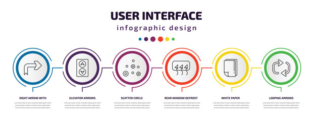 user interface infographic template with icons and 6 step or option. user interface icons such as right arrow with turn, elevator arrows, scatter circle, rear window defrost, white paper, looping