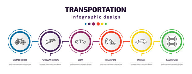 transportation infographic template with icons and 6 step or option. transportation icons such as vintage bicycle, funicular railway, sedan, excavators, minivan, railway line vector. can be used for