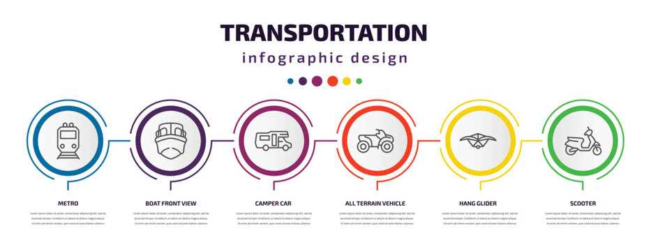 transportation infographic template with icons and 6 step or option. transportation icons such as metro, boat front view, camper car, all terrain vehicle, hang glider, scooter vector. can be used