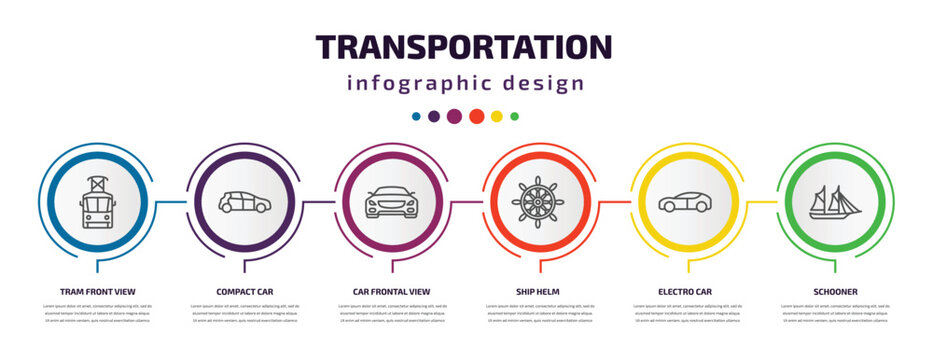transportation infographic template with icons and 6 step or option. transportation icons such as tram front view, compact car, car frontal view, ship helm, electro car, schooner vector. can be used