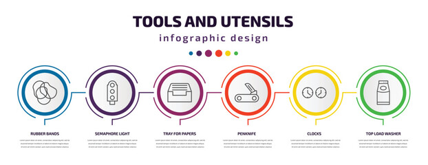 tools and utensils infographic template with icons and 6 step or option. tools and utensils icons such as rubber bands, semaphore light, tray for papers, penknife, clocks, top load washer vector.