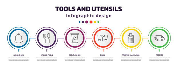 tools and utensils infographic template with icons and 6 step or option. tools and utensils icons such as hanging bell, kitchen tools, recycling bin, dining, printing calculator, postage vector. can
