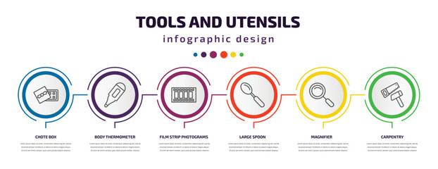 tools and utensils infographic template with icons and 6 step or option. tools and utensils icons such as chote box, body thermometer, film strip photograms, large spoon, magnifier, carpentry