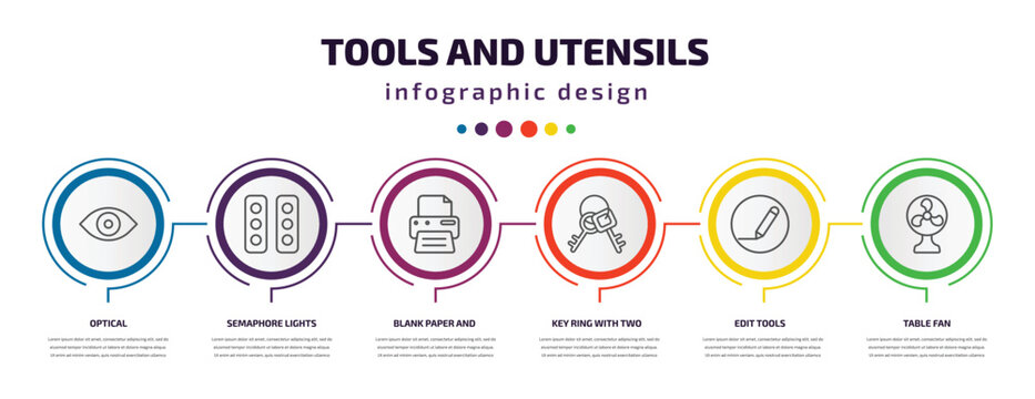 tools and utensils infographic template with icons and 6 step or option. tools and utensils icons such as optical, semaphore lights, blank paper printer, key ring with two keys, edit tools, table
