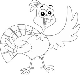 Outlined Cute Turkey Baby Cartoon Character Waving For Greeting. Vector Hand Drawn Illustration Isolated On Transparent Background
