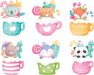Obraz premium Watercolor Illustration set of Cute Winter Animal in cup with Christmas ornaments