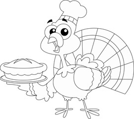 Outlined Turkey Baby Chef Cartoon Character Holding Perfect Pie. Vector Hand Drawn Illustration Isolated On Transparent Background