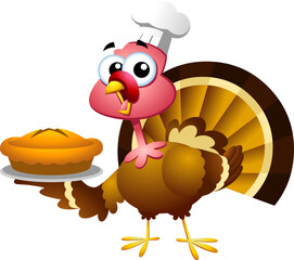 Turkey Baby Chef Cartoon Character Holding Perfect Pie. Vector Illustration Flat Design Isolated On Transparent Background