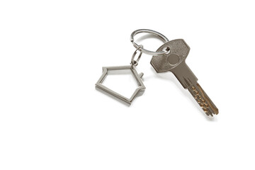 Keys with a keychain in the form of a house are isolated on a white background. The concept of buying, renting, home insurance. Real estate transactions.