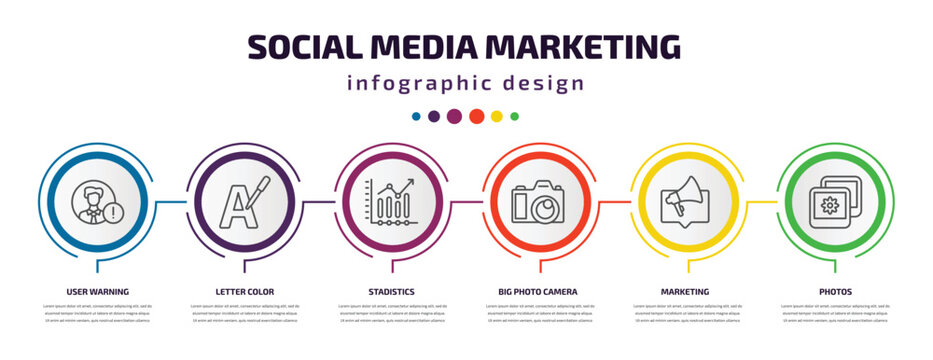 social media marketing infographic template with icons and 6 step or option. social media marketing icons such as user warning, letter color, stadistics, big photo camera, marketing, photos vector.