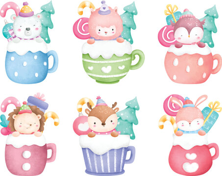 Watercolor Illustration set of Cute Winter Animal in cup with Christmas ornaments © Stella