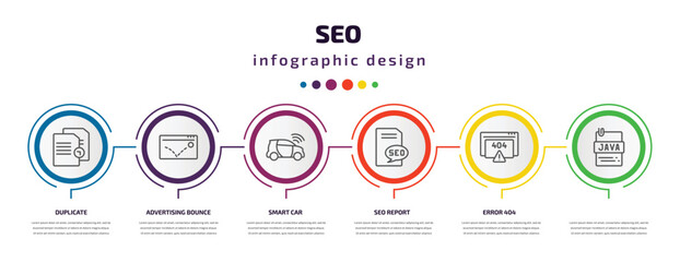 seo infographic template with icons and 6 step or option. seo icons such as duplicate, advertising bounce, smart car, seo report, error 404, vector. can be used for banner, info graph, web,